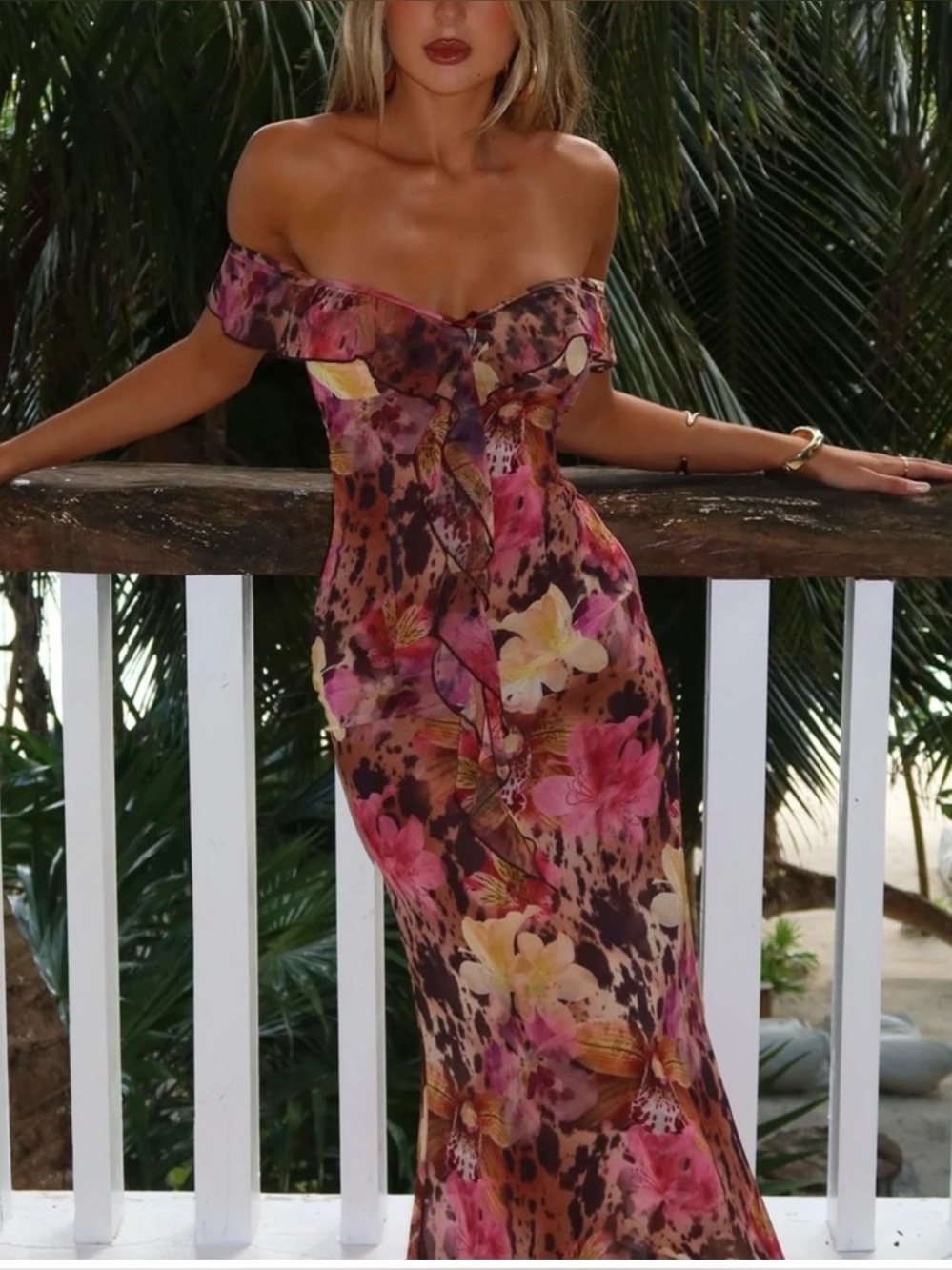 Off-Shoulder Pink Floral Backless Maxi Dress